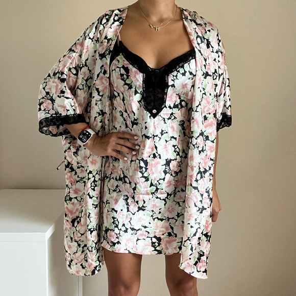 Fantasies by Morgan Taylor Slip Dress & Robe Set Lace Floral Print Size S - Picture 1 of 16